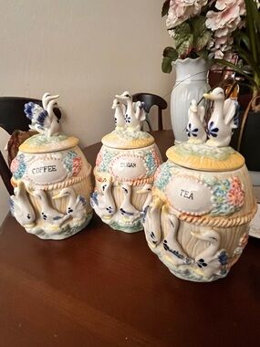 Hand-Painted White & Yellow Ceramic Tea, Coffee, and Sugar Canister Set